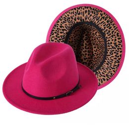 Beanie/Skull Caps Hot Pink and Leopard Two Tone Wool Felt Fedora Hats Women Men Patchwork Wide Brim Jazz Formal Hat with Leather Band T221013