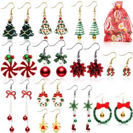 Earrings Necklace Christmas For Women Holiday Xmas Tree Bow Bells Snowflake With Small Organza Bag Dangle Girls Wedding Jewellery Gift Amif7