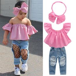 Summer Baby Girl Abbigliamento per bambini Set rosa Top Jeans strappati Pantaloni denim Archi Fascia per capelli Set da 3 pezzi Abiti firmati per bambini Ragazze