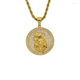 Pendant Necklaces Hip Hop Bling Iced Out Rhinestones Stainless Steel Crown Lion Round Necklace For Men Rapper Jewelry