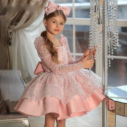 Sparkly Flower Girls Dresses Toddler For Weddings Pink Square Neck Long Sleeves Sequined Lace Short Tiered Ruffles Birthday Children Girl Pageant Gowns Bow