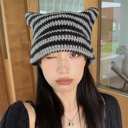 Beanie/Skull Caps Beanie Skull Caps Devil Striped Knitted Hat Men Women Winter Warmer Cute Cat Ears Skullies Autumn Woollen Beanies Female Hip Hop Bonnet