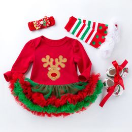 Natale Baby Tutu Dress Pagliaccetto Set di abbigliamento Corna di renna Orecchio Design Body Arco Fascia per capelli Scaldamuscoli Scarpe 4 pezzi / set Abiti per feste neonato M4211