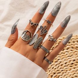 New Cactus Flower Ring Set Geometric Coconut Plant Exaggerate Eight piece Ring Set