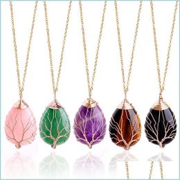 Pendant Necklaces Oval Natural Stone Necklace Pendant Jewellery Copper Line Wrapped Tree Of Life Necklaces For Women Charm Drop Deliver Dhz1I