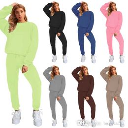 Fall Winter Womens 3XL Tracksuits Sweatsuits 2 Piece Set Solid Colour Round Neck Pullover Hoodies Sweatpants Leisure Sports Suit