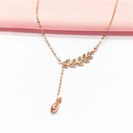 Chains 585 Purple Gold Plated 14K Rose Leaf Necklace Waterdrop Chain Pendant Light Luxury Exquisite Engagement Ladies Jewelry