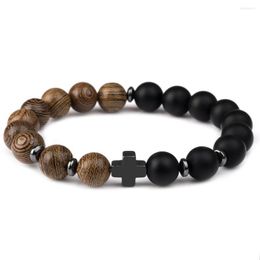 Strand Charm Natural Stone Bracelet Hematite Cross Black Agate Wood Grain Beaded Handmade Jewellery Gift Bracelets For Men
