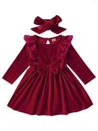 Girl Dresses Baby Christmas Outfit Casual Wine Red Long Sleeve Velvet Dress With Bow Knot Headdress
