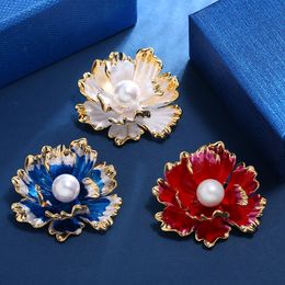 Big Blue Red White Metal Flower Brooches Chinese Enamel Peony Brooch Pins Corsage Collar pin Women Accessories