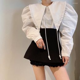 Women's Blouses Designer Kawaii White Doll Collar Puff Sleeve Profile Shirt 2022 Spring Design Ruffled Pointed Top Korean Clothes