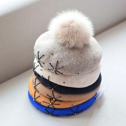 Luxury Women Beret Hat with Real Fox Fur Pom Pom Flower Wool Artist Caps Casual Outdoor Keep Warm Painter Hats Gorras