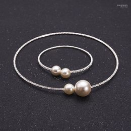 Necklace Earrings Set & Fashion Women Simple Simulated Pearl Bridal Crystal Wedding Bracelet NOV99