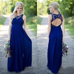 Country Style Royal Blue Lace And Chiffon A-line Bridesmaid Dresses Long Cheap Jewek Cut Out Back Floor Length Wedding Dress