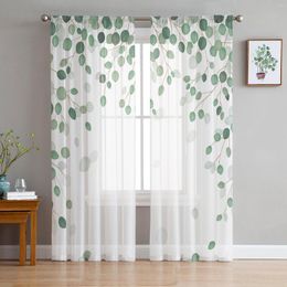 Curtain Eucalyptus Leaves Plant Green White Sheer Tulle Window Curtains For Living Room Bedroom Kitchen Veiling Home Decoration