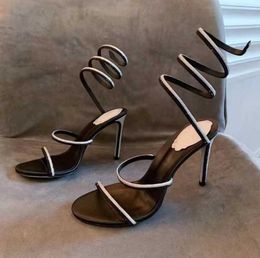 Sandalo con tacco alto di design Cristalli Cleo serpenti sandali a spillo decorativi 9,5 cm Scarpe eleganti con anello di strass nero abito da sera rosso tacchi da donna di lusso