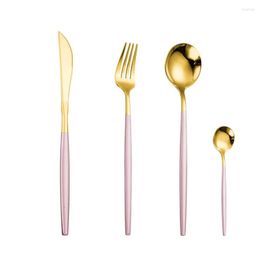 Dinnerware Sets Pink Golden Stainless Steel Travel Cutlery Set Flatware Forks Knives Spoons Silverware Tableware Drop