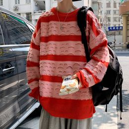 Men's Sweaters ZAZOMDE Contrast Stripe Knitted Sweater Winter 3 Colour Men Pullover Red Striped Oversized Couple Fashion Hole