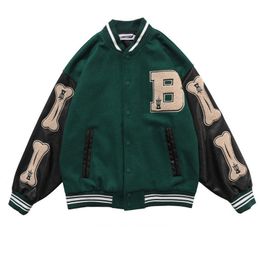 Hip Hop Bomber Jacket Streetwear Vintage Embroidered Letter Furry Bone Patch Varsity Baseball Coat 2022 Men's Autumn Green Black