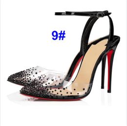 Yüksek Topuklu Ayakkabı Hıristiyanlar Yeni Ayakkabı Kırmızı Yavru Kadınlar PVC Pompalar Yüksek Topuk Perçin Noktalı Ayak Parmağı Stiletto Topuk Lady Düğün Ayakkabıları Kutu