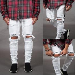 Men's Pants Nice Men Skinny White Jeans Biker Destroyed Frayed Fit Denim Ripped Side Stripe Pencil Hip Hop Streetwear