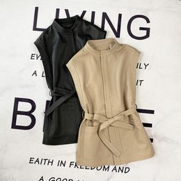 Women's Vests Outwear Sleeveless Coat Female Genuine Leather Jacket Pockets Belt O-veck Sheepskin Mid-length Black Vest Zevity Colete