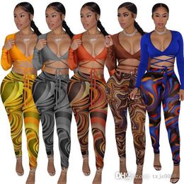 Spring Fall Women 2 Piece Pants Set Mesh Bandage Long Sleeve Crop Top And Bodycon Printed Leggings Party Nightclub Outfits