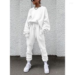 Women's Two Piece Pants 2 Pieces Set O Neck Hooded Long Sleeve Elastic Cuffs Casual Pullover Drawstring Ankle-Length 2022 Winter Women Sport