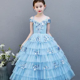 Cute Flower Dresses V Neck Lace Appliques Beaded 3D Sequined Girl Pageant Gowns Backless Bow Ruffle Tiered Skirt Birthday Clothes 403