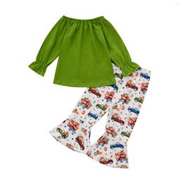 Clothing Sets 2Pcs Halloween Little Girls Outfit Spring Autumn Solid Color Off Shoulder Long Sleeve Tops Car Printing Bell-bottomed Pants