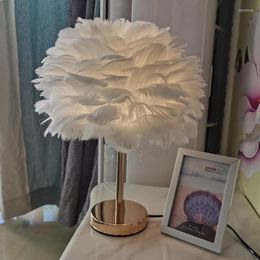 Table Lamps Gold Metal Feather Lamp Shade Bedside Living Room Wedding Reading Decor With Plug White Grey Pink