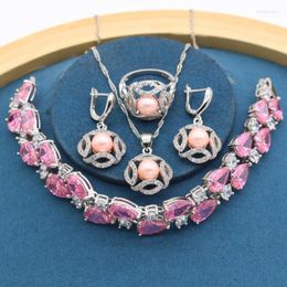 Necklace Earrings Set & Geometric Pink Pearl Silver Colour For Women Pendant Ring Zirocnia Bracelet Bridal Gift Box