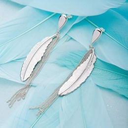 Dangle Earrings SA SILVERAGE Real 925 Sterling Silver Drop Zircon For Women Gold Fine Jewelry Long Feather Tassel 2022