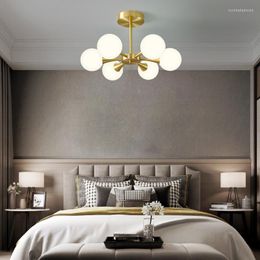 Chandeliers Nordic Luxury Bedroom LED Chandelier Modern Dining Room Lamp Ceiling Children's Lighting All Copper Glass Lamps