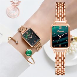 Lvpai Brand Watch For Women Luxury Square Ladies Wrist Watch Bracelet Set Green Dial Rose Gold Chain Female Clock Reloj Mujer241Q