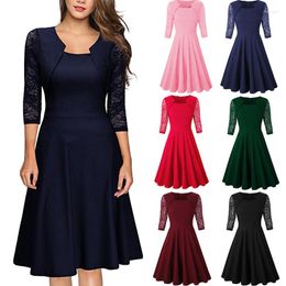 Casual Dresses Women's Spring Summer Fashion Solid Colour Dress Vintage Square Neck Floral Lace Formal Wedding Splice Party Rob