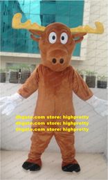 Cute Brown Moose Alces Elk Mascot Costume Mascotte Reindeer Caribou Deer Adult With Long Yellow Horns Big Eyes No.1074