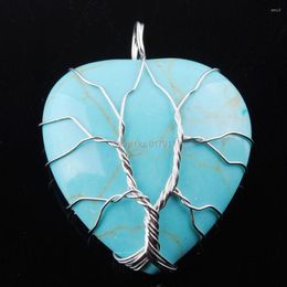 Pendant Necklaces RONGZUAN Silver Colour Tree Of Life Wire Wrap Water Natural Turquoises Gem Stone Heart Bead Necklace Chain TN3560