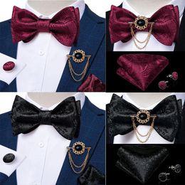 Bow Ties Black Floral Men's Tie Set Formal Business Party Bowknot Accessories Metal Brooch Chain Men Gift Butterfly Cravat DiBanGu