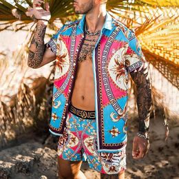 Men's Tracksuits Summer 2022 Men's Hawaiian Suit Print Cufflink Shirt Beach Shorts Street Casual M-3xl Liner