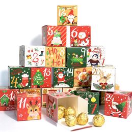 Merry Christmas Advent Calendar Boxes 24 Days Kraft Paper Advent-Countdown Candy Gift Box for Kids and Family Favour SN4994