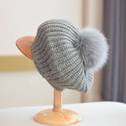 Luxury Knitted Beret Caps for Women Winter Autumn Real Fox Fur Pom Pom Berets Outdoor Keep Warm Painter Hats Gorras