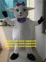 Likeable White Lamb Sheep Mascot Costume Mascotte Goat Jumbuck Yeanling With Big Eyes Purple Bow Tie Adult No.1041