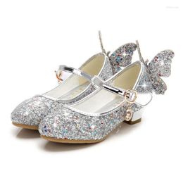 Flat Shoes Princess Kids Leather For Girls Wing Casual Glitter Children High Heel Party Butterfly Knot Blue Pink Silver