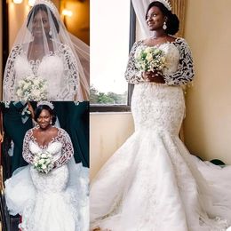 Sexy Mermaid Wedding Dresses African Illusion Neck Long Sleeves Lace Appliques Crystal Beaded Pearls Sweep Train Plus Size Custom Bridal Gowns 403