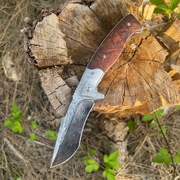 R1023 Flipper Folding Knife VG10 Damascus Steel Drop Point Acid Etched Blade Shadow Wood with Steel Head Handle Ball Bearing EDC Pocket Knives