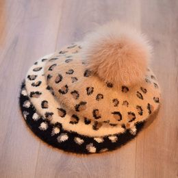 Luxury Knitted Plaid Beret Caps for Women Berets with Real Fox Fur Pom Pom Outdoor Keep Warm Painting Hats Gorras