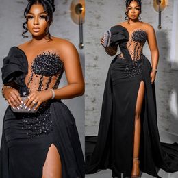 2022 Arabo Aso Ebi Black Mermaid Prom Dresses Cristalli di perline Sera Partito formale Secondo ricevimento Compleanno Abiti di fidanzamento Abito ZJ277