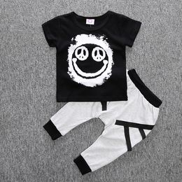 2PCS Newborn Toddler Baby Boy Clothes Black print T-Shirt Top Long Pant Outfit Kids Summer Cotton Clothing Set 0-2Y