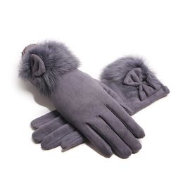 Fingerless Gloves Winter Female Suede Leather Bow Plush Wrist Mitten Women Thick Plus Plush Windproof Warm Touch Screen Driving Gloves J22 L221020